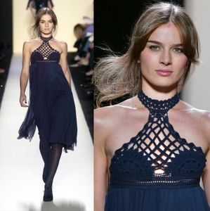 VINTAGE MAX AZRIA Runway Silk Chiffon Dress Crochet Macrame Halter Navy Size 2